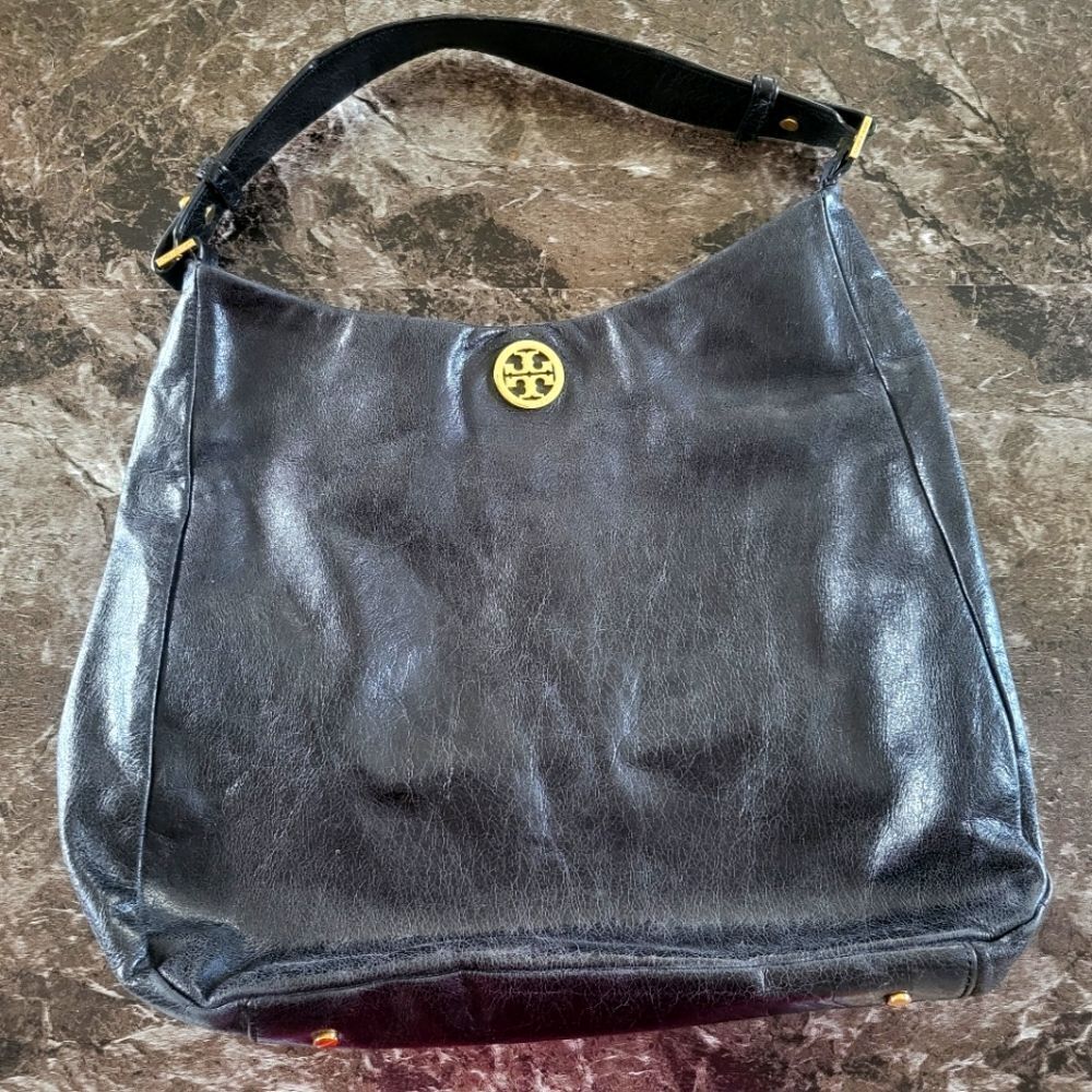 Tory Burch Deerskin Leather Tote In Black With Gold Accessories